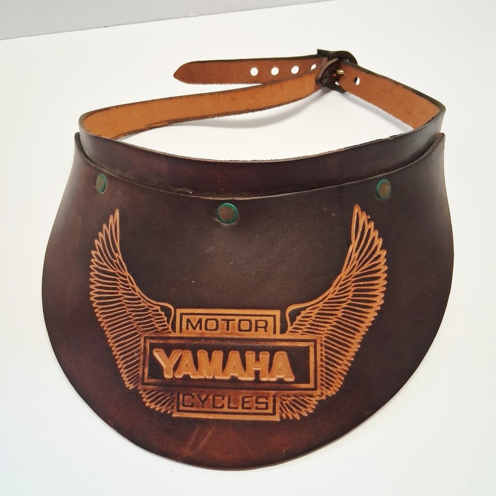 Vintage Tooled Brown Leather Motorcycle Visor YAMAHA Logo With Wings 1970's RARE